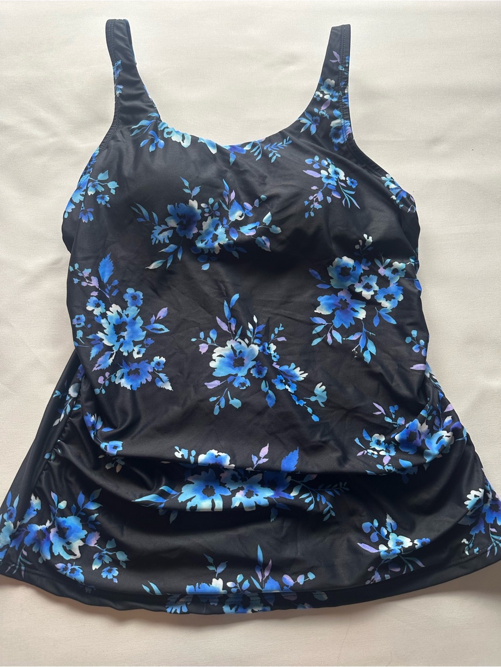 Women’s Black Floral Tankini with Blue Blossoms. Size M